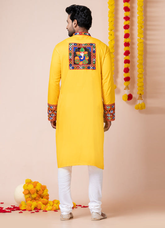 Yellow Rayon Gamthi Work Navratri Special Kurta Set
