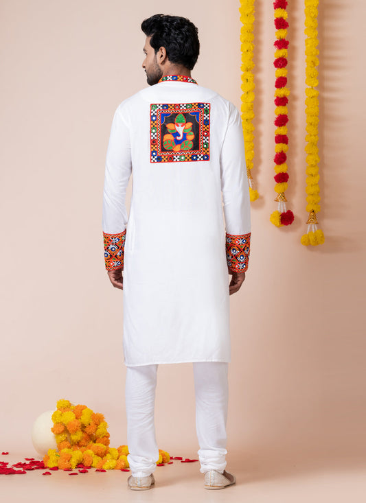 White Rayon Gamthi Work Navratri Special Kurta Set