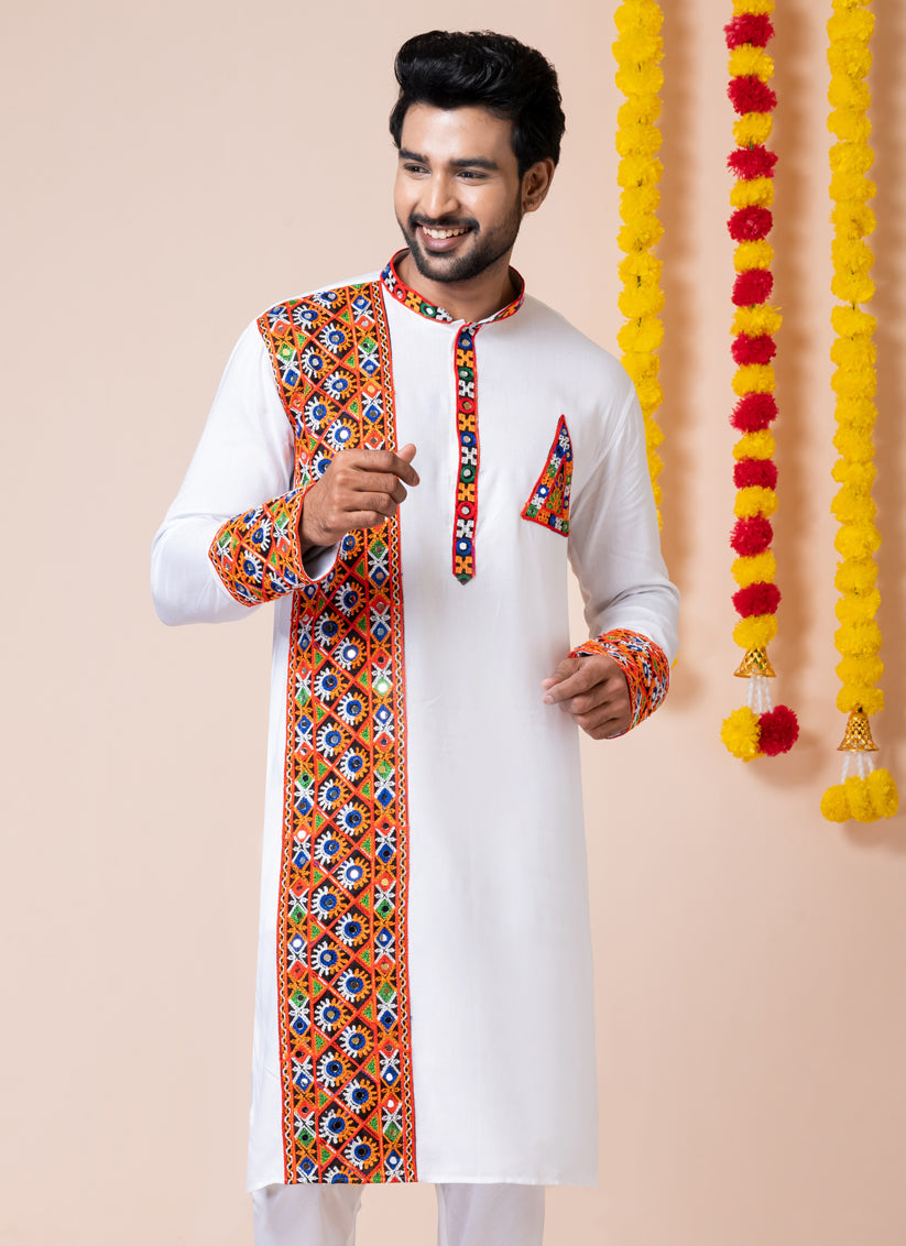 White Rayon Gamthi Work Navratri Special Kurta Set