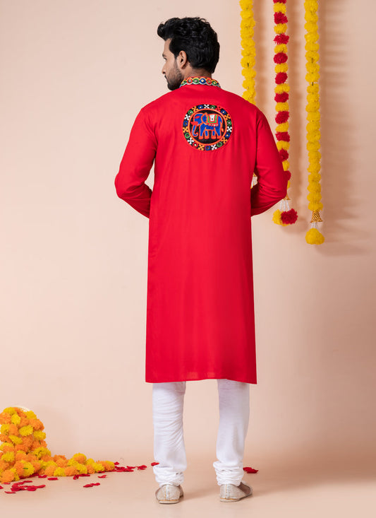 Red Rayon Gamthi Work Navratri Special Kurta Set