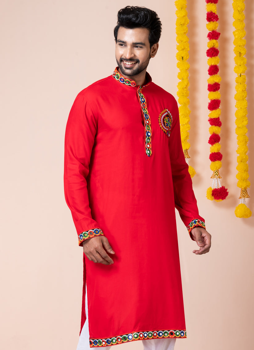 Red Rayon Gamthi Work Navratri Special Kurta Set
