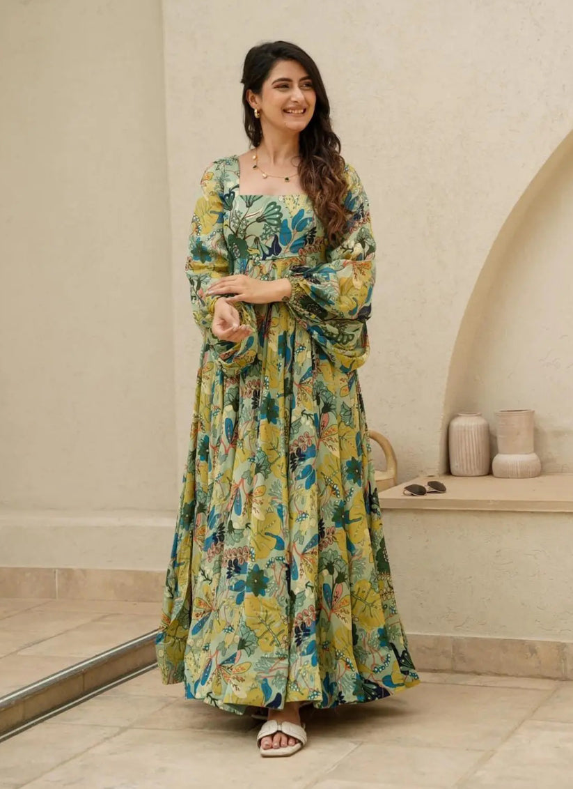 Pistachio Green Chinnon Flared Digital Print Gown