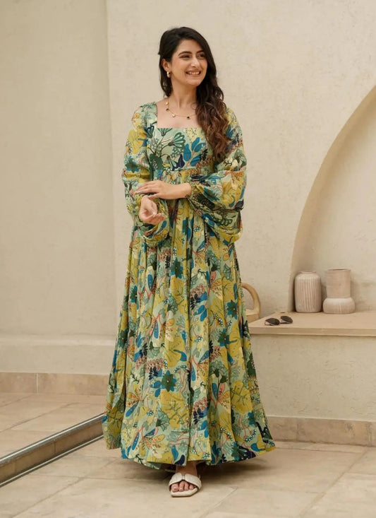 Pistachio Green Chinnon Flared Digital Print Gown