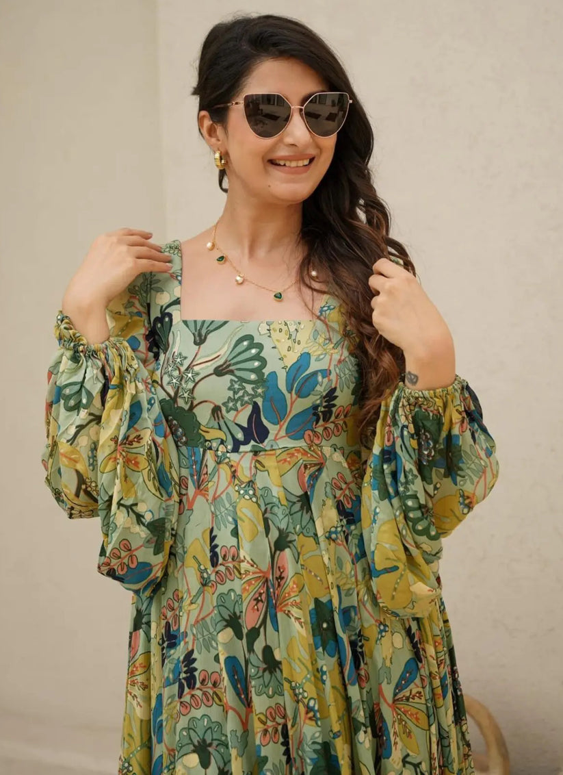 Pistachio Green Chinnon Flared Digital Print Gown