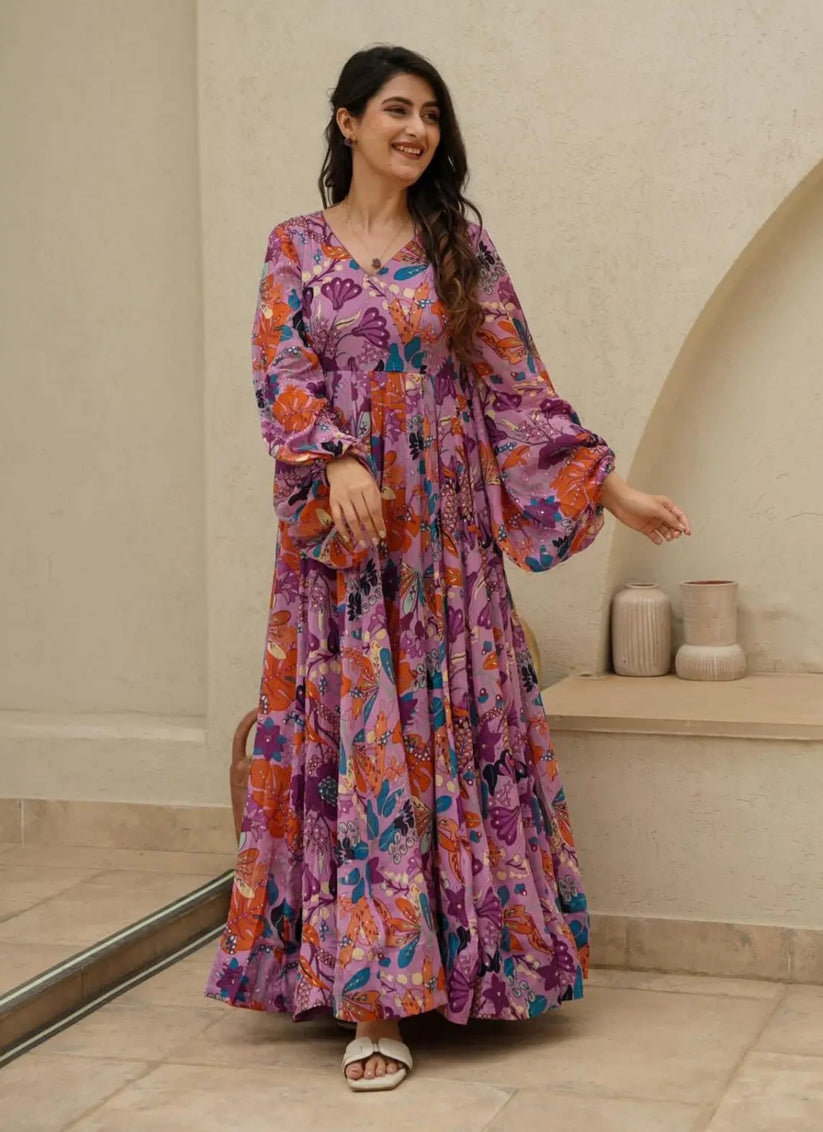 Onion Pink Chinnon Flared Digital Print Gown