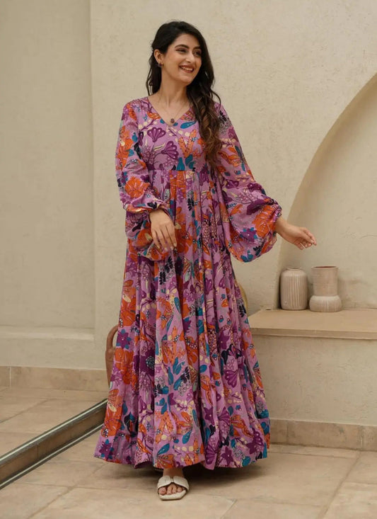 Onion Pink Chinnon Flared Digital Print Gown