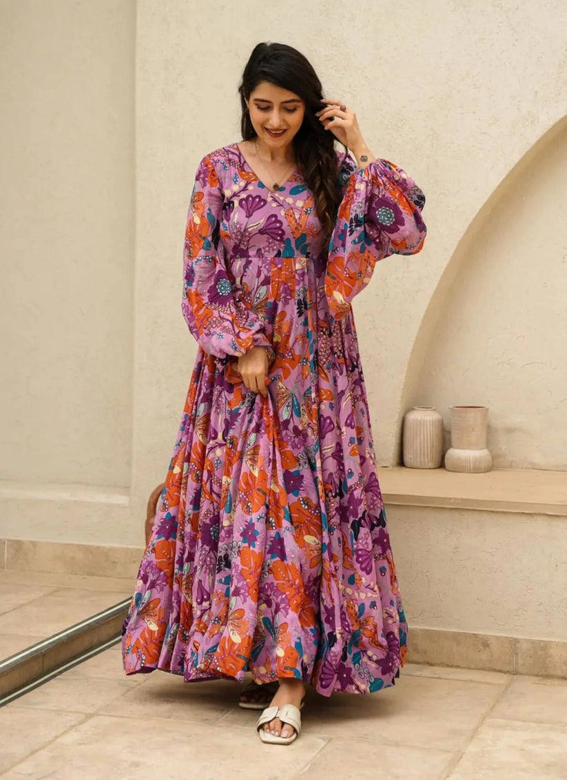 Onion Pink Chinnon Flared Digital Print Gown