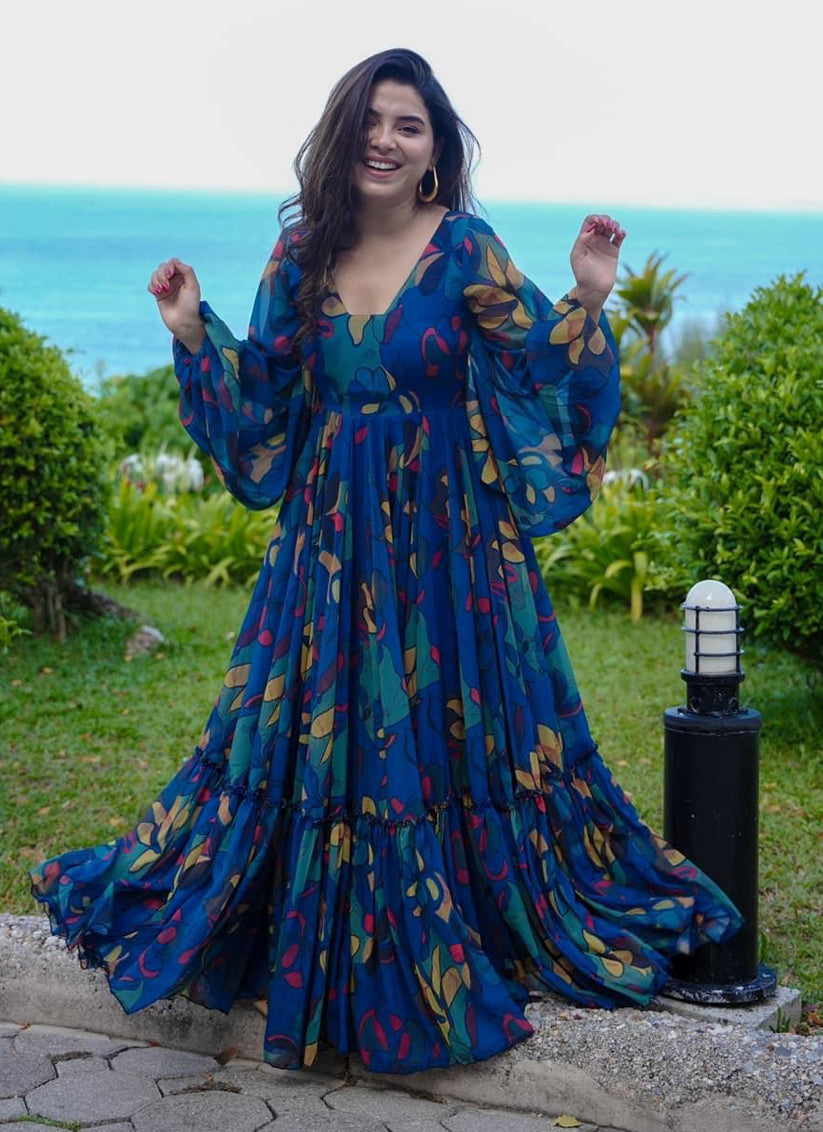 Persian Blue Georgette Flared Digital Print Gown