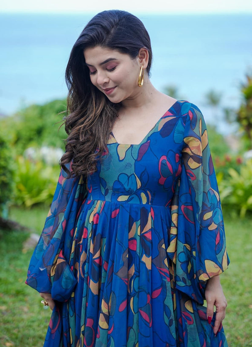 Persian Blue Georgette Flared Digital Print Gown