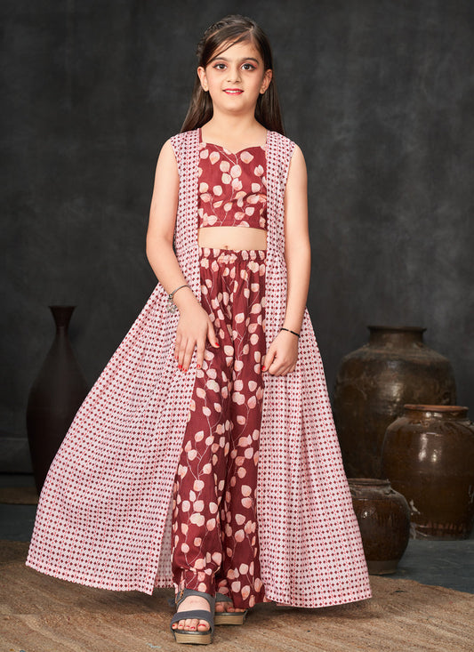 Rust Red and Off White Muslin Printed Kids Girl IndoWestern