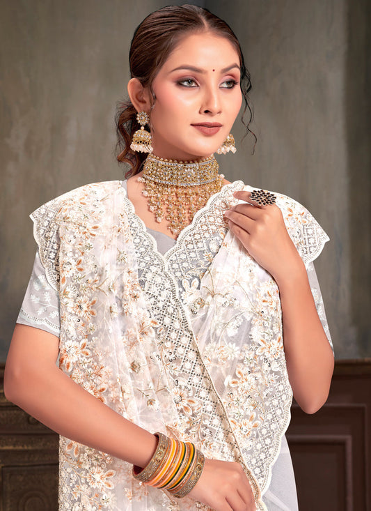 White Net Resham Embroidered Saree