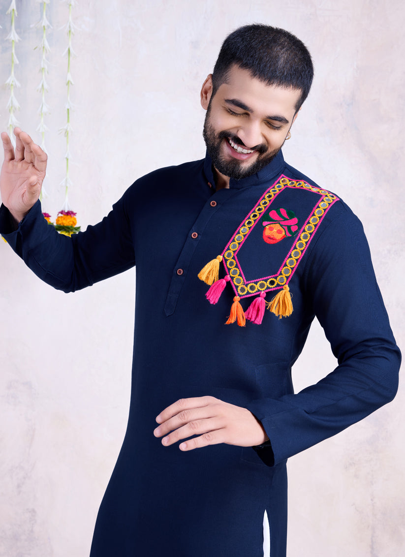 Navy Blue Rayon Gamthi Work Navratri Special Kurta