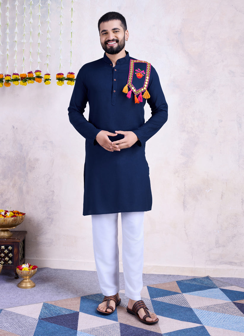 Navy Blue Rayon Gamthi Work Navratri Special Kurta