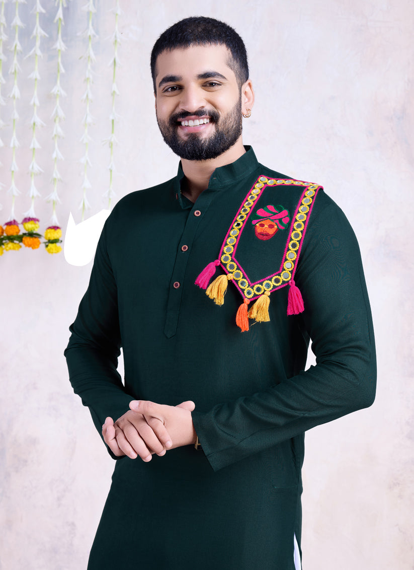 Bottle Green Rayon Gamthi Work Navratri Special Kurta