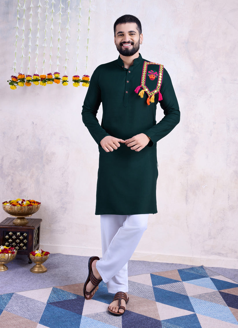 Bottle Green Rayon Gamthi Work Navratri Special Kurta