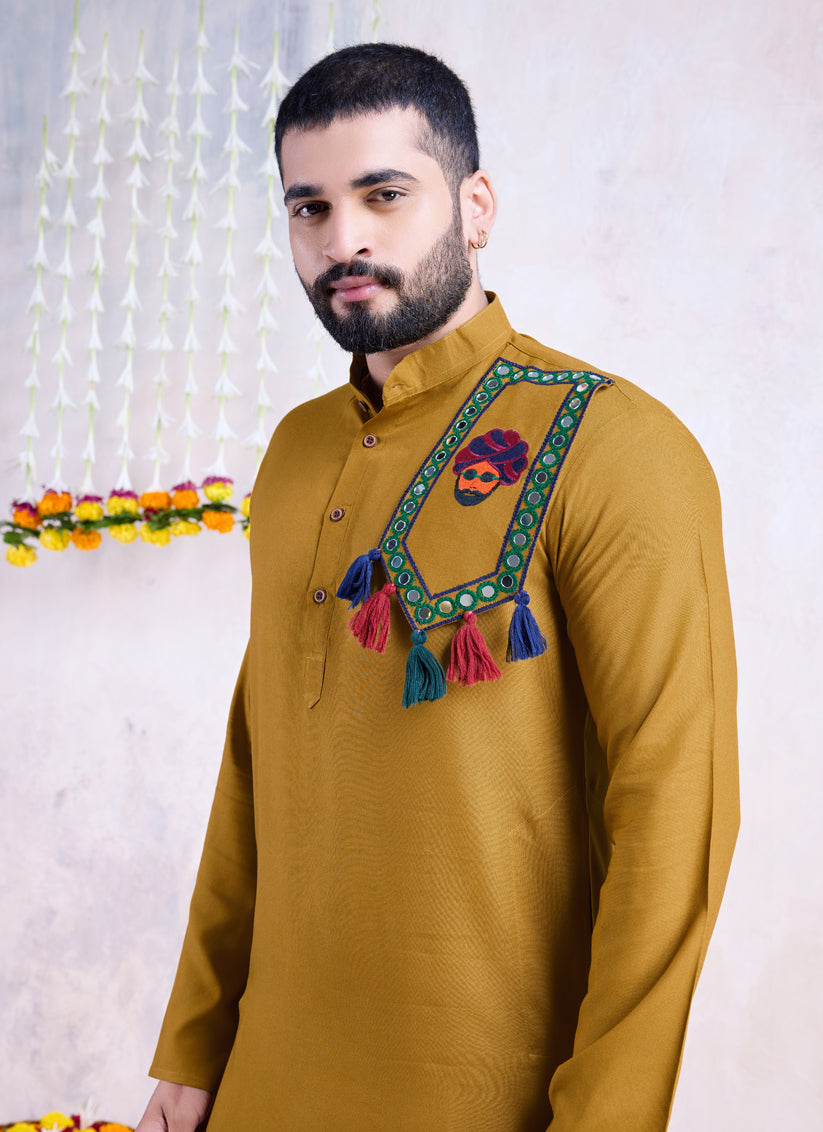 Mustard Yellow Rayon Gamthi Work Navratri Special Kurta