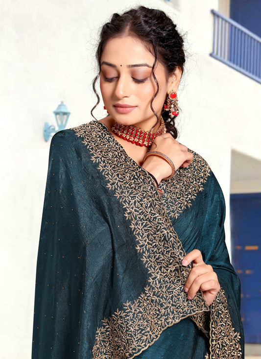 Prussian Blue Art Silk Embroidered Festival Saree