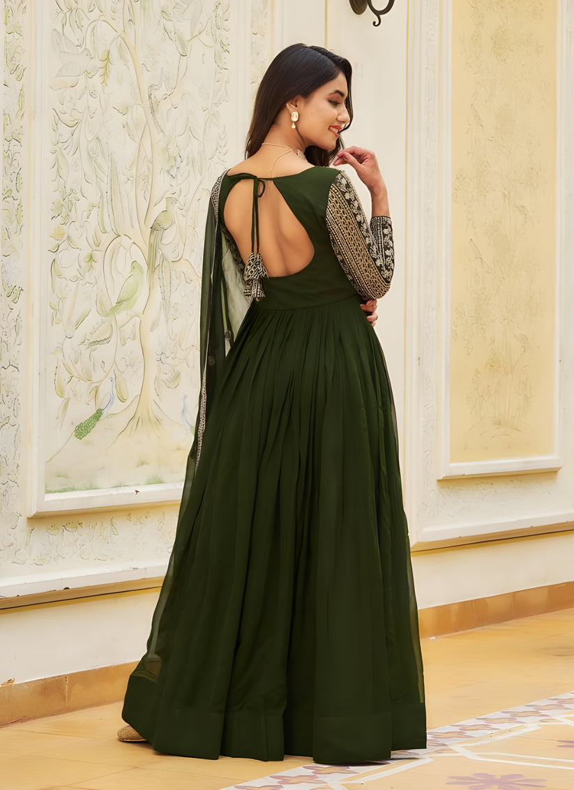 Mehendi Green Faux Georgette Embroidered Gown with Dupatta
