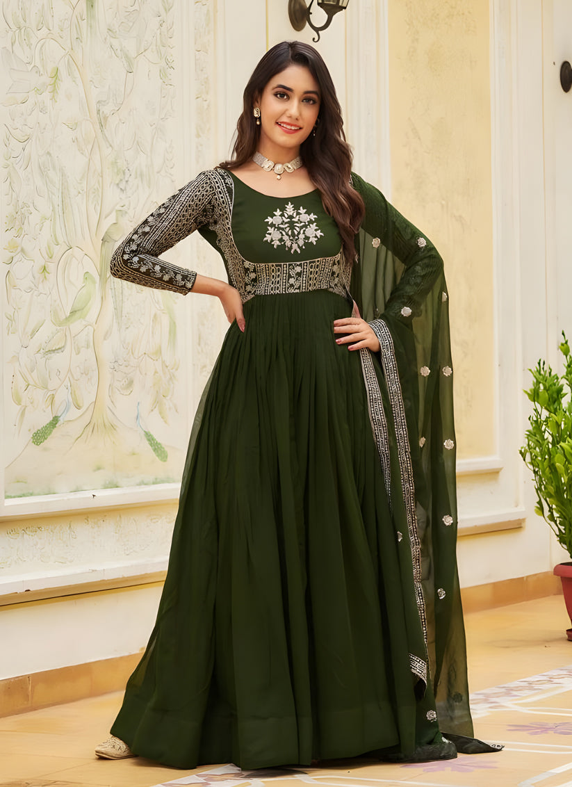 Mehendi Green Faux Georgette Embroidered Gown with Dupatta
