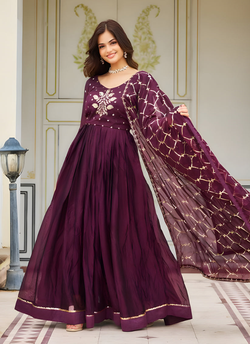 Wine Embroidered Gown with Dupatta for Festival