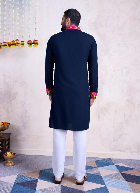 Navy Blue Rayon Gamthi Work Navratri Special Kurta with Dupatta