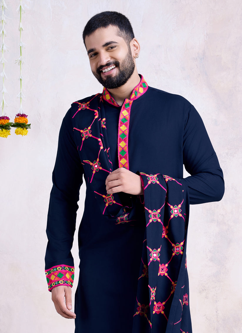 Navy Blue Rayon Gamthi Work Navratri Special Kurta with Dupatta
