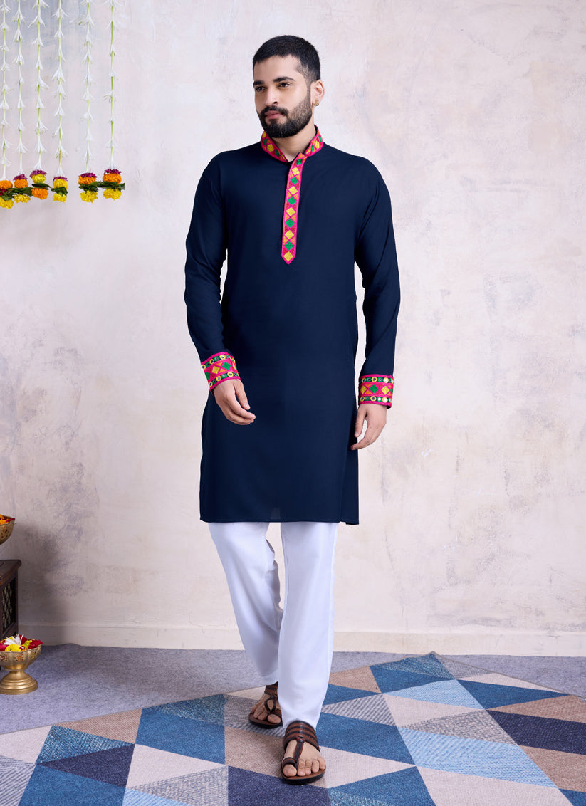 Navy Blue Rayon Gamthi Work Navratri Special Kurta with Dupatta