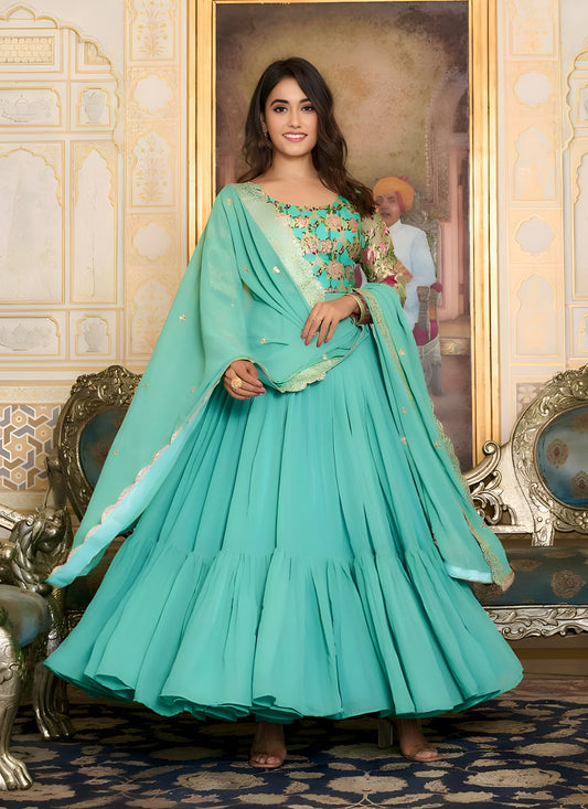 Sea Green Faux Georgette Gown with Dupatta
