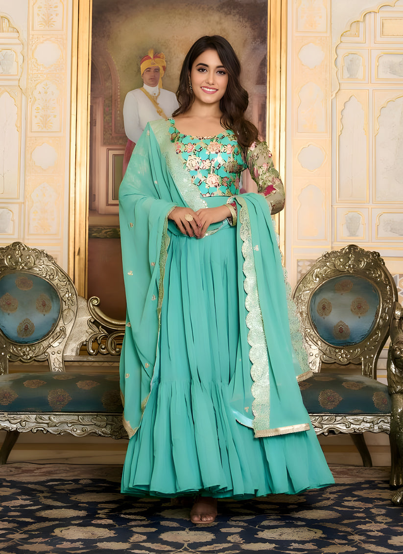 Sea Green Faux Georgette Gown with Dupatta
