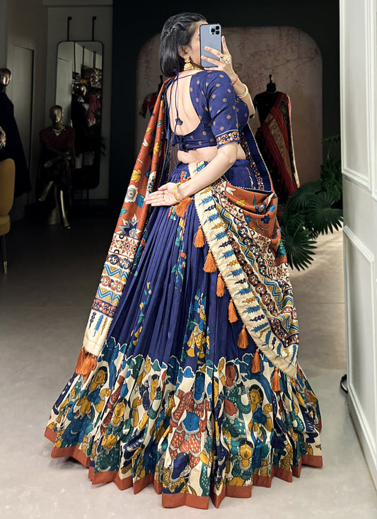 navy blue tussar silk kalamkari printed chaniya choli