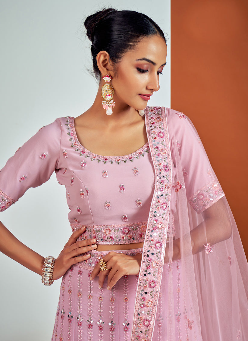 Graceful Pink Georgette Embroidered Designer Lehenga Choli