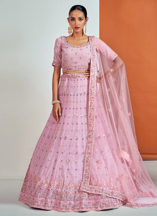 Graceful Pink Georgette Embroidered Designer Lehenga Choli