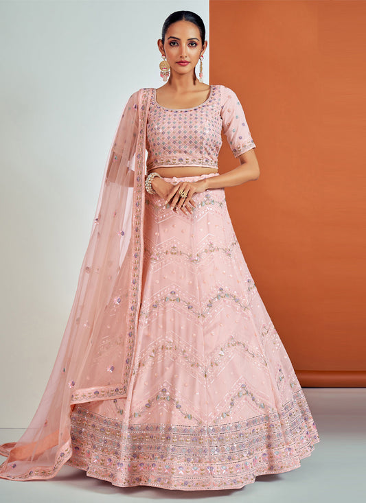 Sophisticated Blush Pink Georgette Embroidered Designer Lehenga Choli