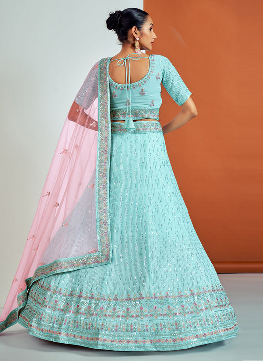Fabulous Aqua Blue Georgette Embroidered Designer Lehenga Choli