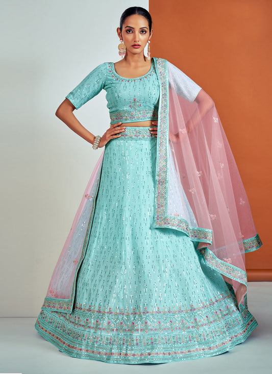 Fabulous Aqua Blue Georgette Embroidered Designer Lehenga Choli