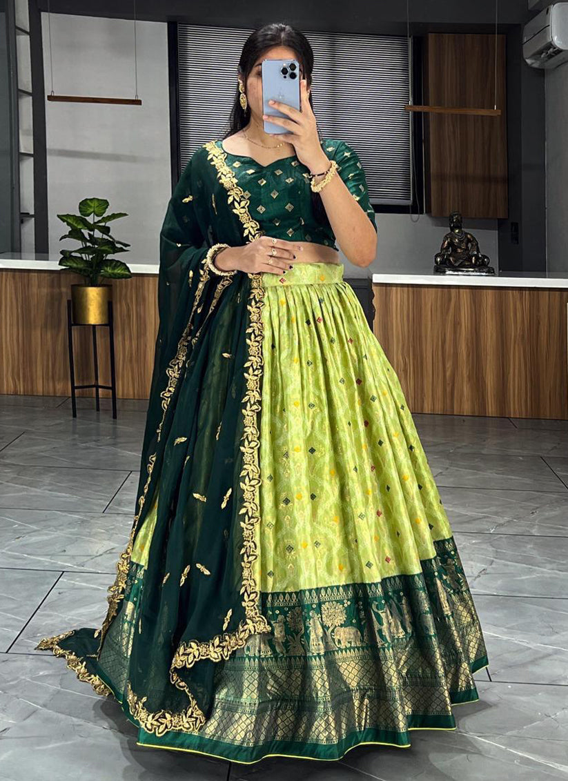 parrot green dola silk printed chaniya choli