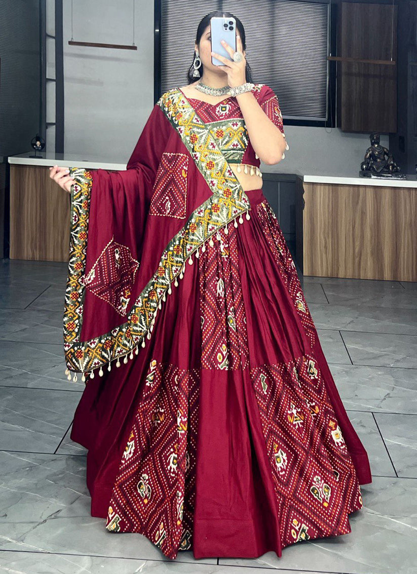 maroon rayon cotton patola bandhani print chaniya choli
