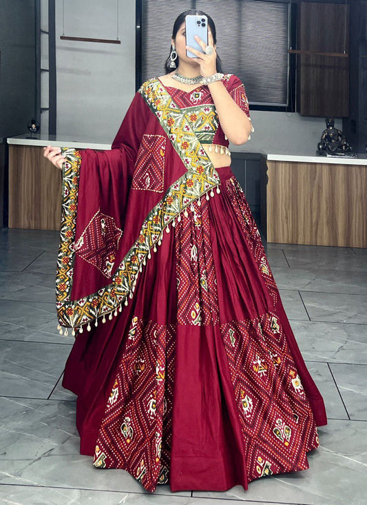 maroon rayon cotton patola bandhani print chaniya choli