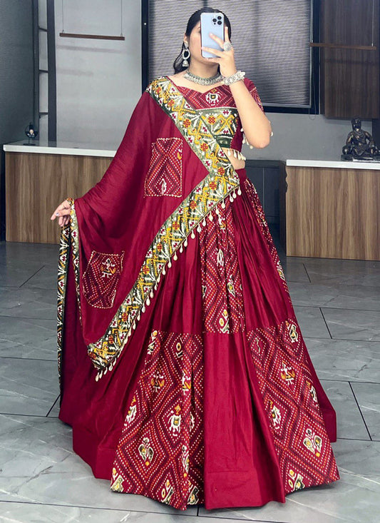 maroon rayon cotton patola bandhani print chaniya choli