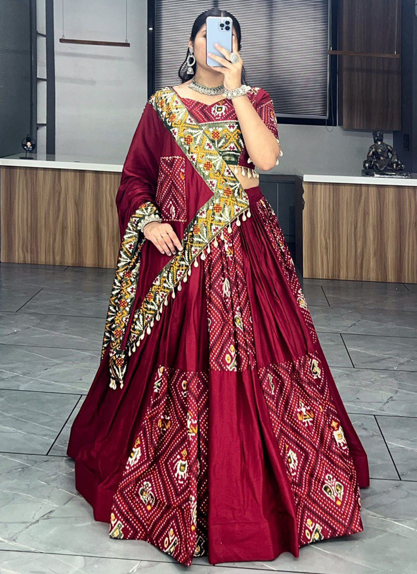 maroon rayon cotton patola bandhani print chaniya choli