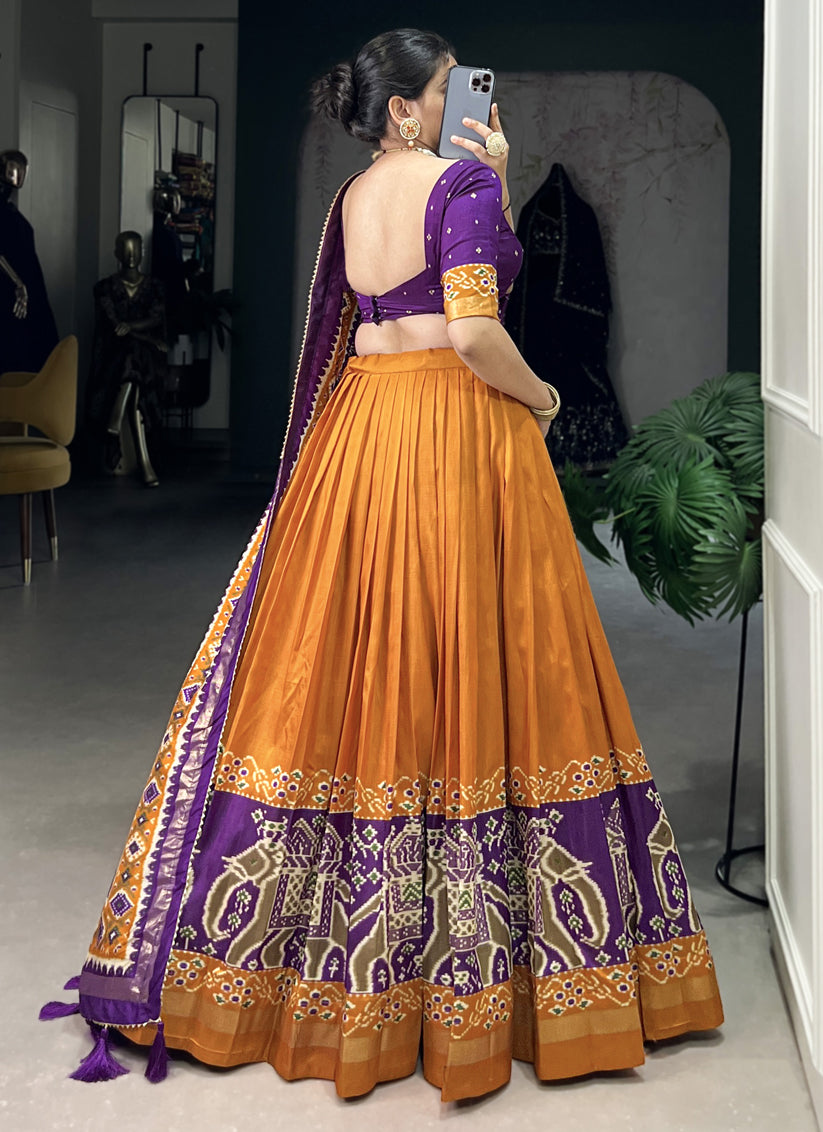 mustard yellow tussar silk patola printed navratri special chaniya choli