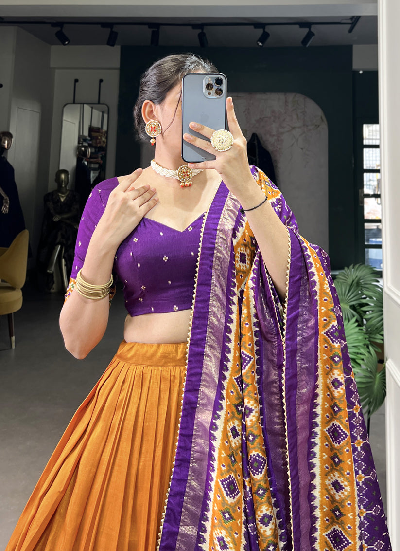 mustard yellow tussar silk patola printed navratri special chaniya choli