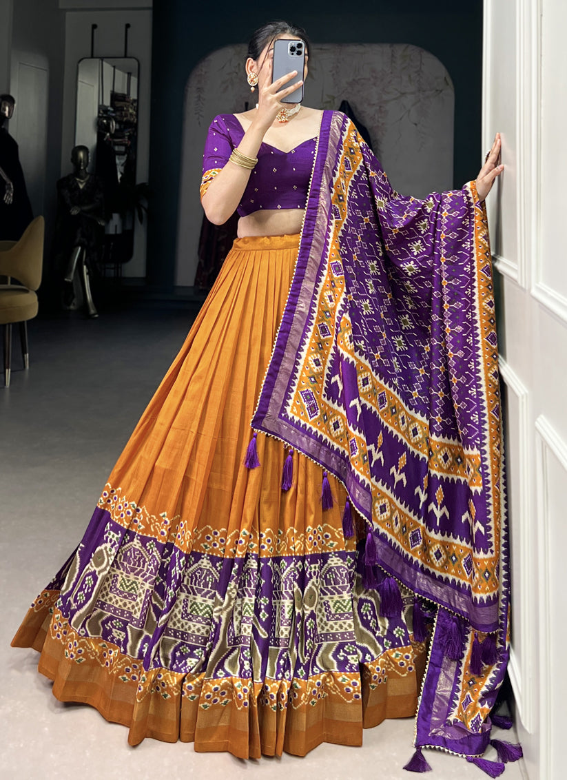 mustard yellow tussar silk patola printed navratri special chaniya choli