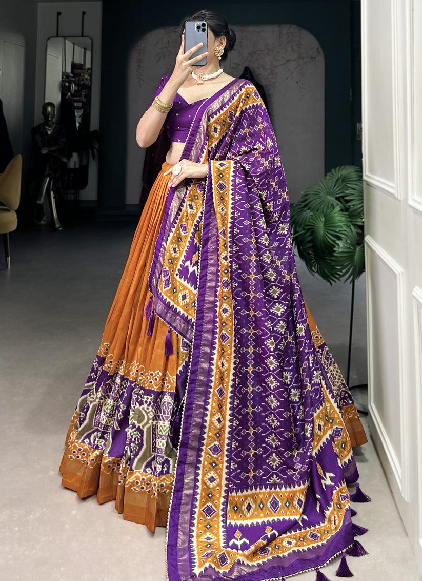 mustard yellow tussar silk patola printed navratri special chaniya choli