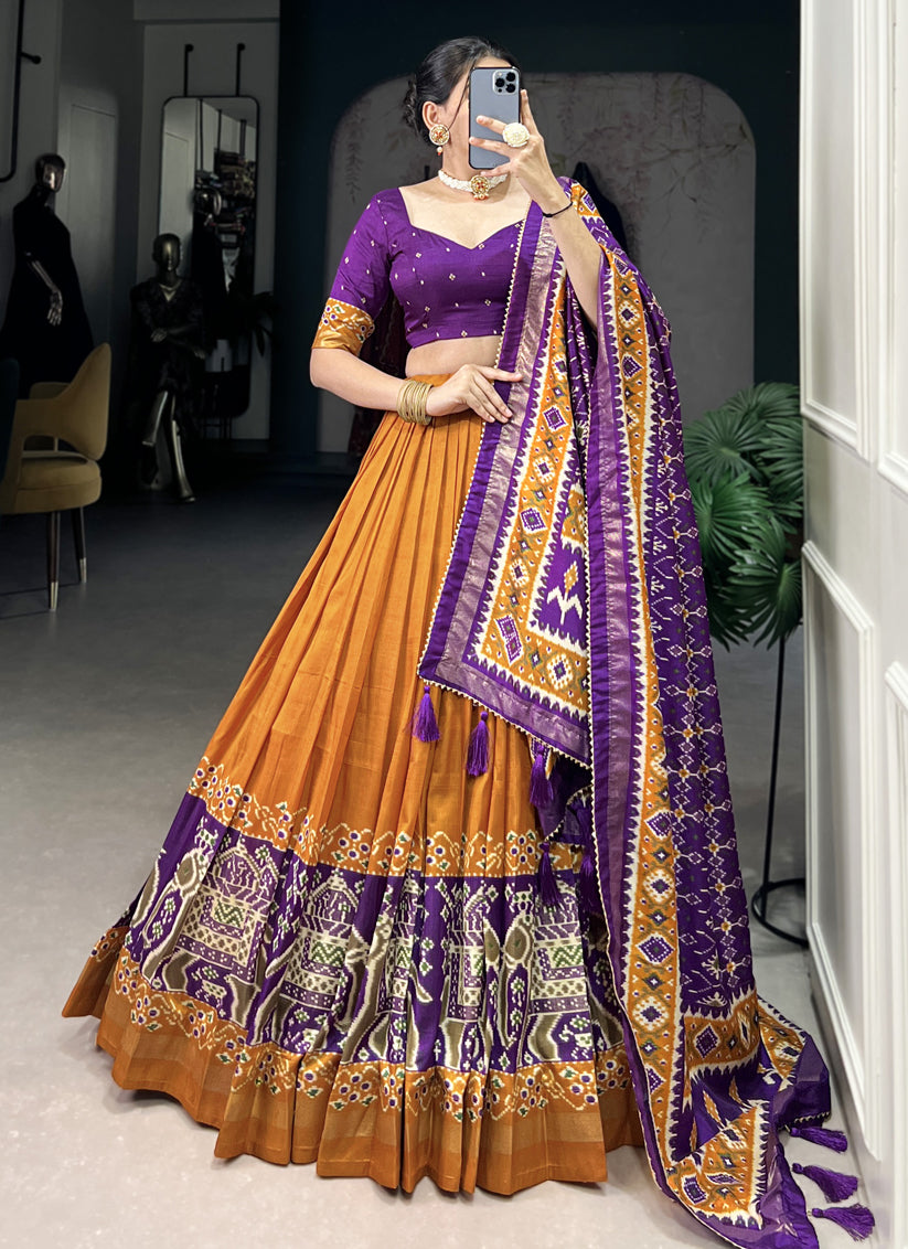 mustard yellow tussar silk patola printed navratri special chaniya choli