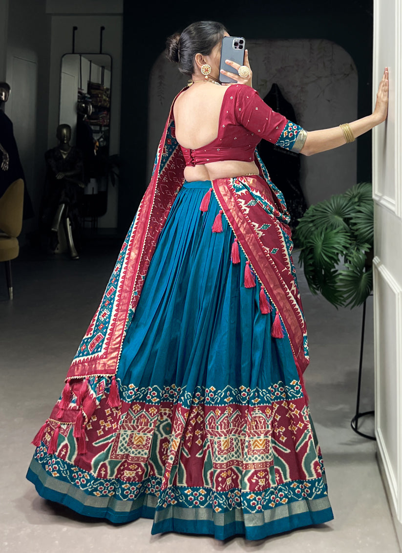 teal blue tussar silk patola printed navratri special chaniya choli