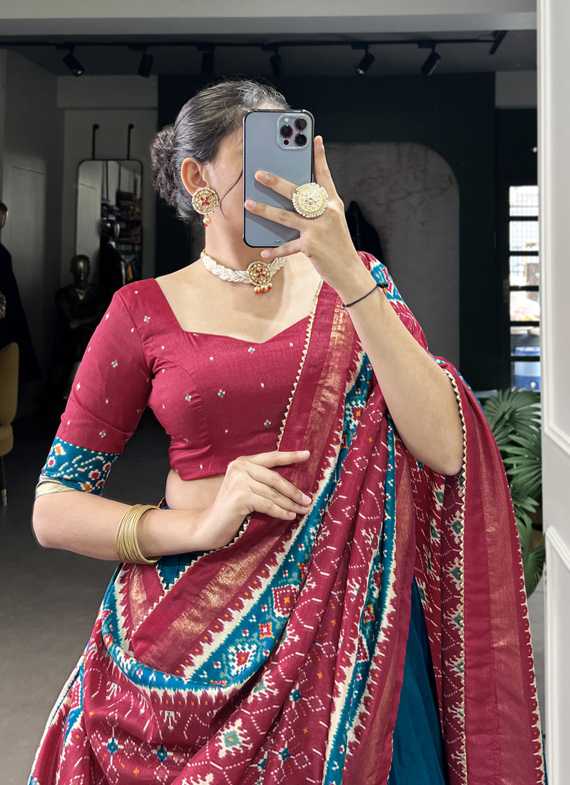 teal blue tussar silk patola printed navratri special chaniya choli