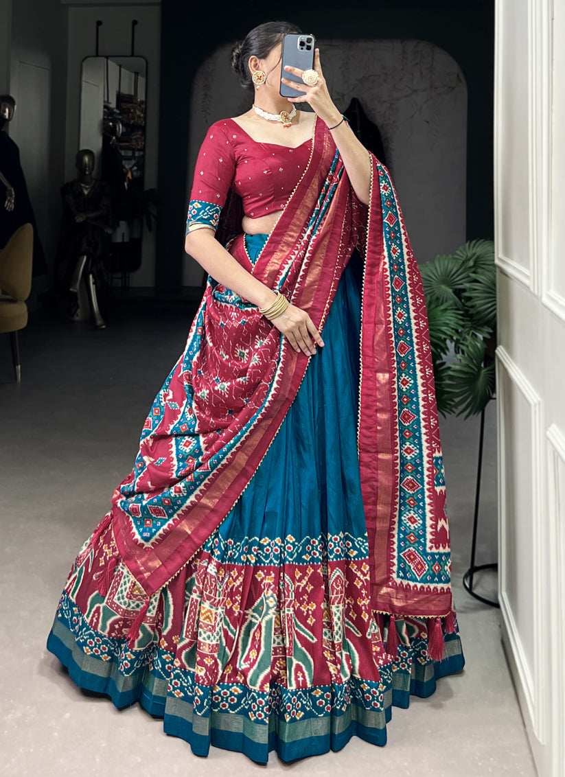 teal blue tussar silk patola printed navratri special chaniya choli