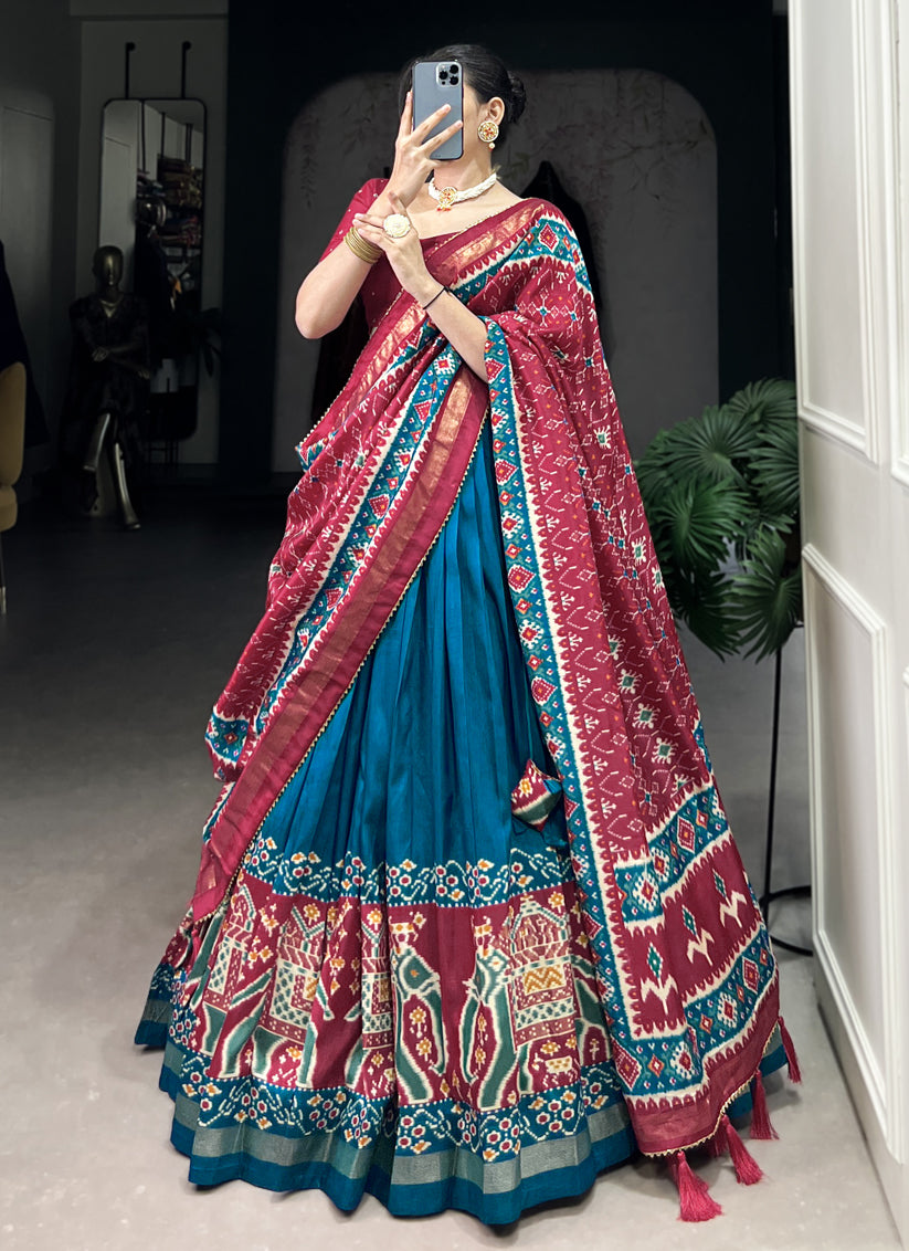 teal blue tussar silk patola printed navratri special chaniya choli