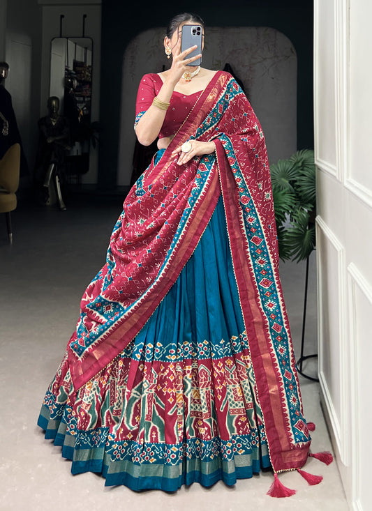 teal blue tussar silk patola printed navratri special chaniya choli